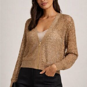 The Drop Size L  Tan Gold Open Knit Zip Front Crop Sweater Soft